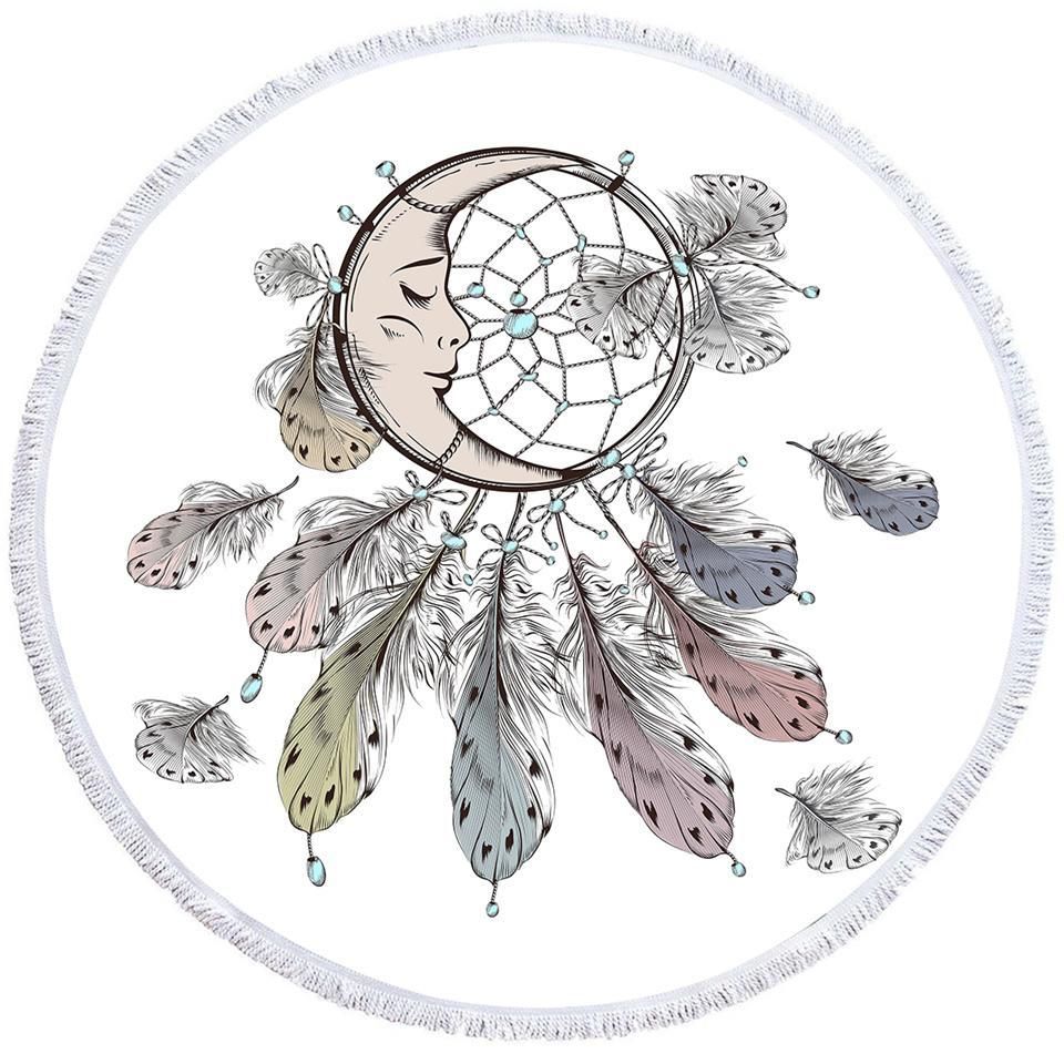 Moon Catcher And Feather On White Printed Round Beach Towel