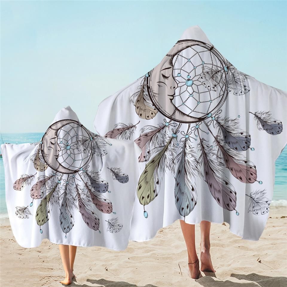 Moon Catcher With Feather On White Printed Hooded Towel