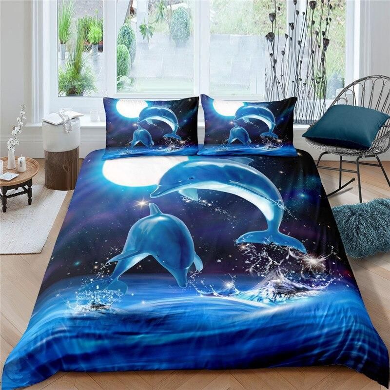 Moon Dolphins And Stripes Bedding Set
