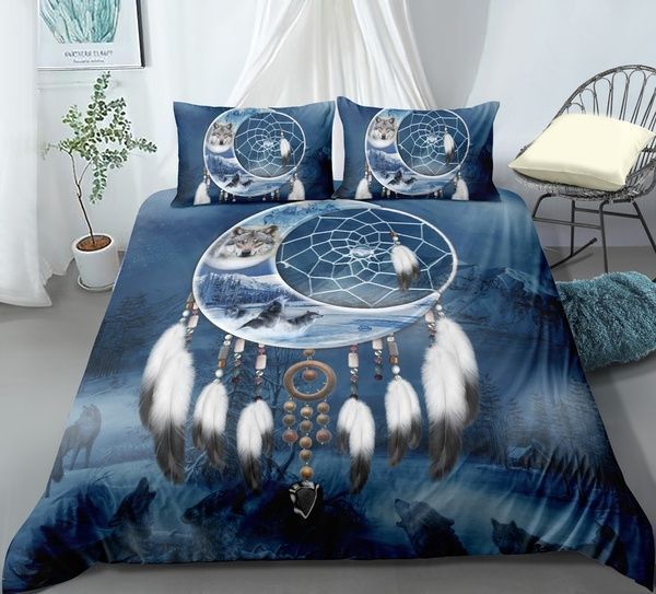Moon Dream Catcher Howling Wolf Snow Mountain Bedding Set