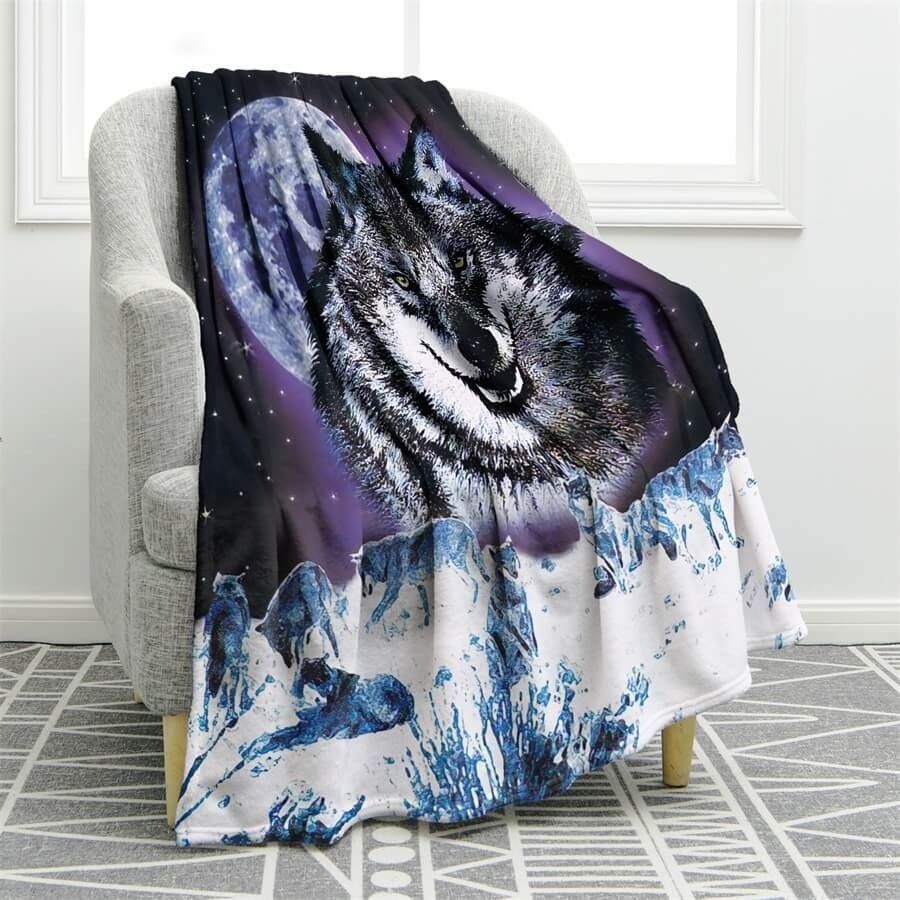 Moon Night Sky Wolf Sherpa Fleece Blanket