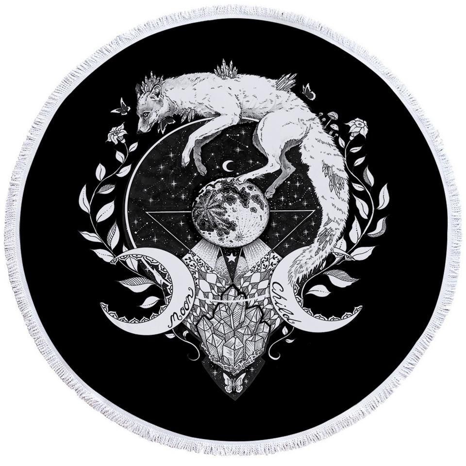 Moon Wolf Black Printed Round Beach Towel