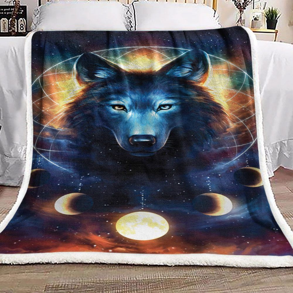 Moon Wolf Galaxy Background Sherpa Fleece Blanket