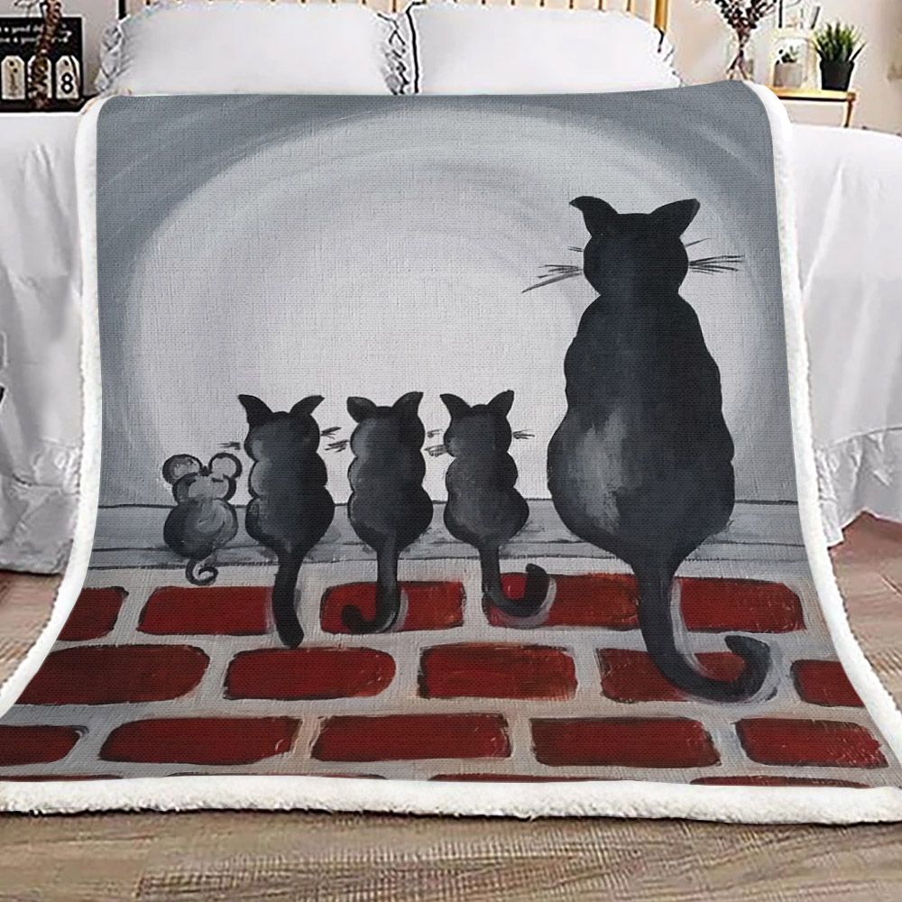 Moonlight Black Cats And A Mouse Sherpa Fleece Blanket