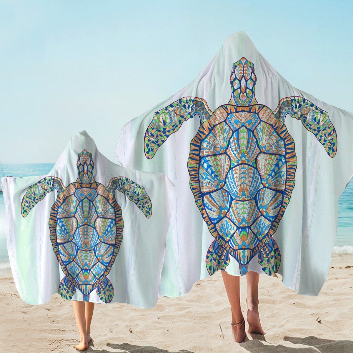Mosaic Turtle In White Printed Hooded Towel