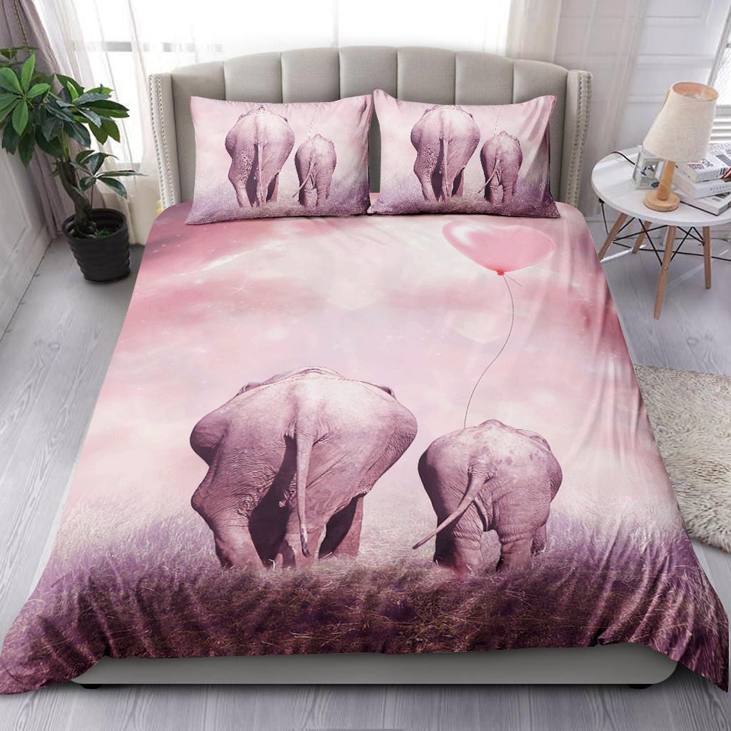 Mother And Baby Elephant With Heart Balloon Bedding Set
