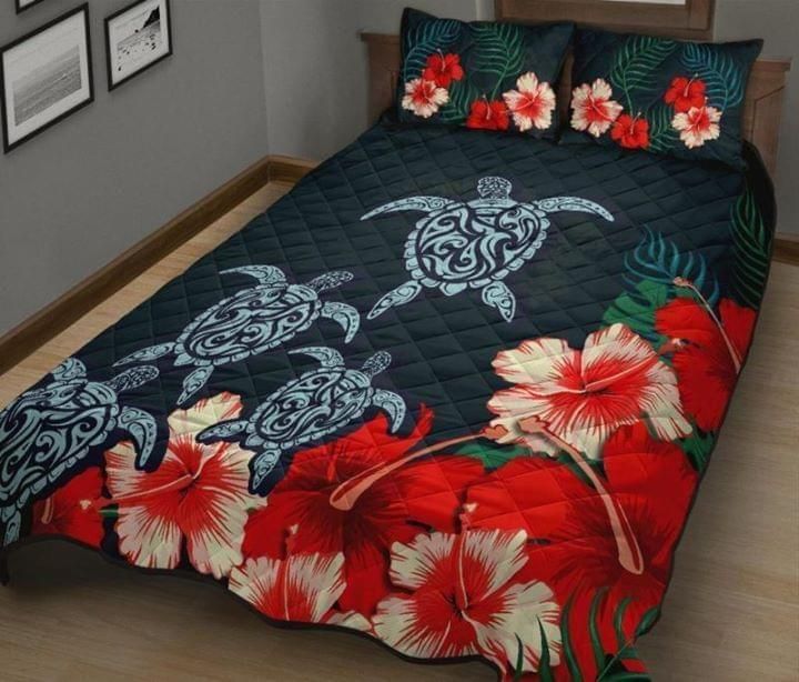 Motif Swimming Turtle Bloomed Hibiscus Flower Bedding Set