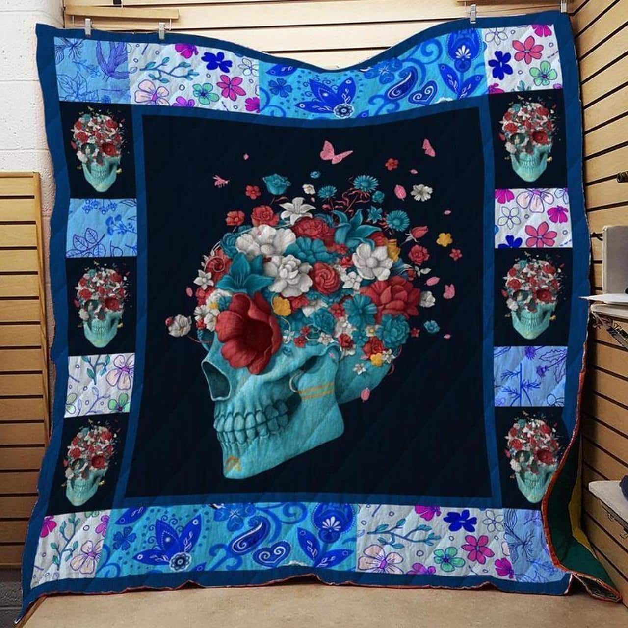 Mp1611 Skull Floral Blue Skull Quilt Dhc16123844Dd