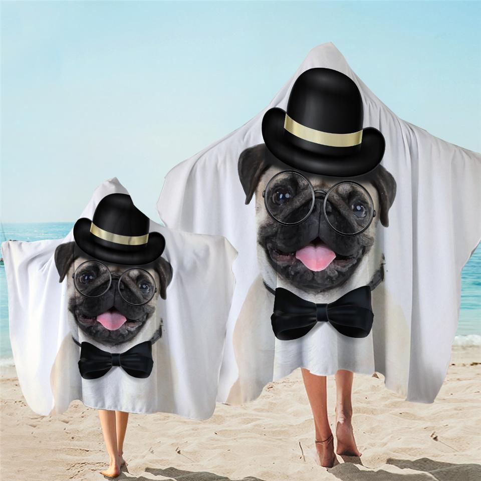 Mr Pug Handsome On White Printed Hooded Towel