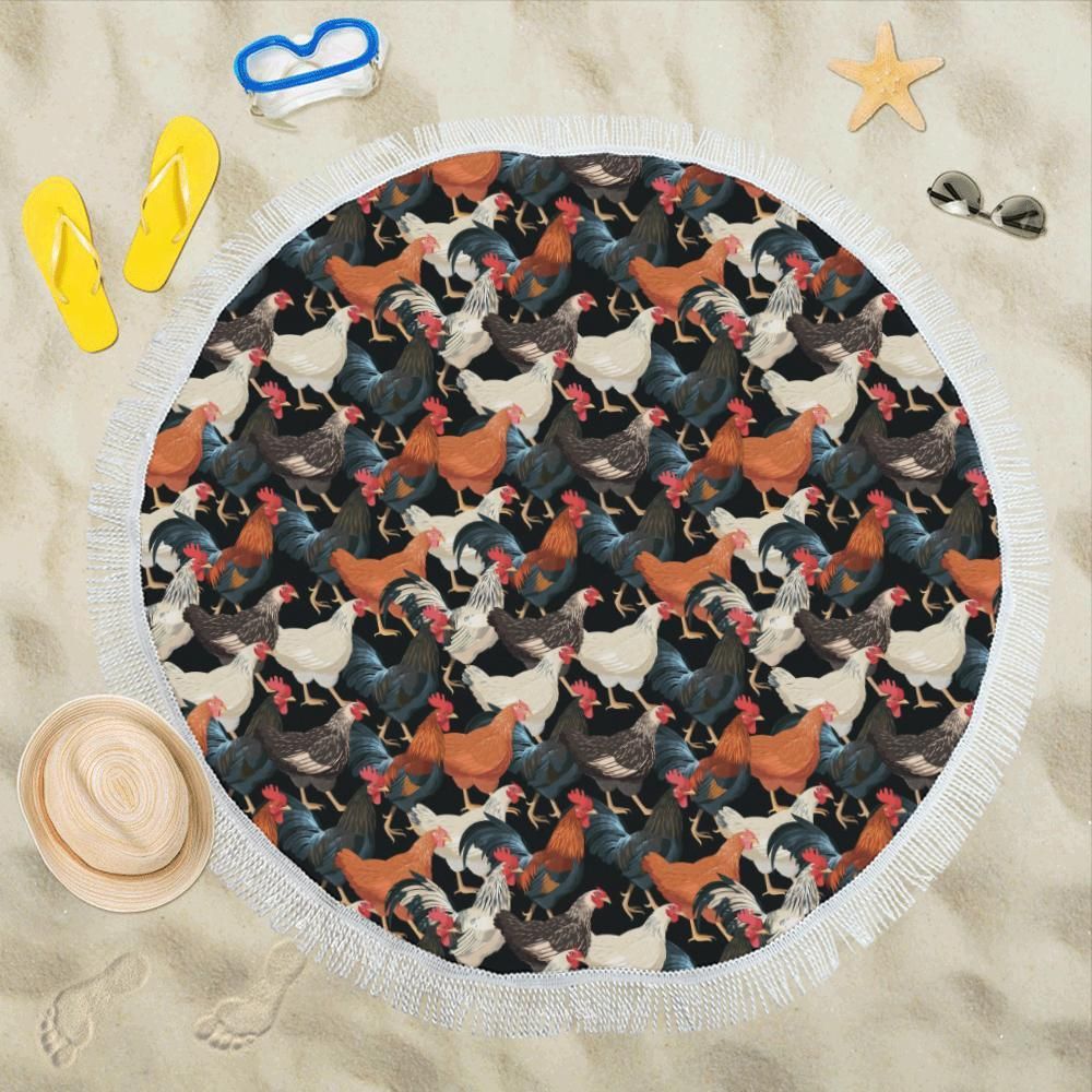 Multi Chickens Welcome To Our Farmhouse Printed Round Beach Towel