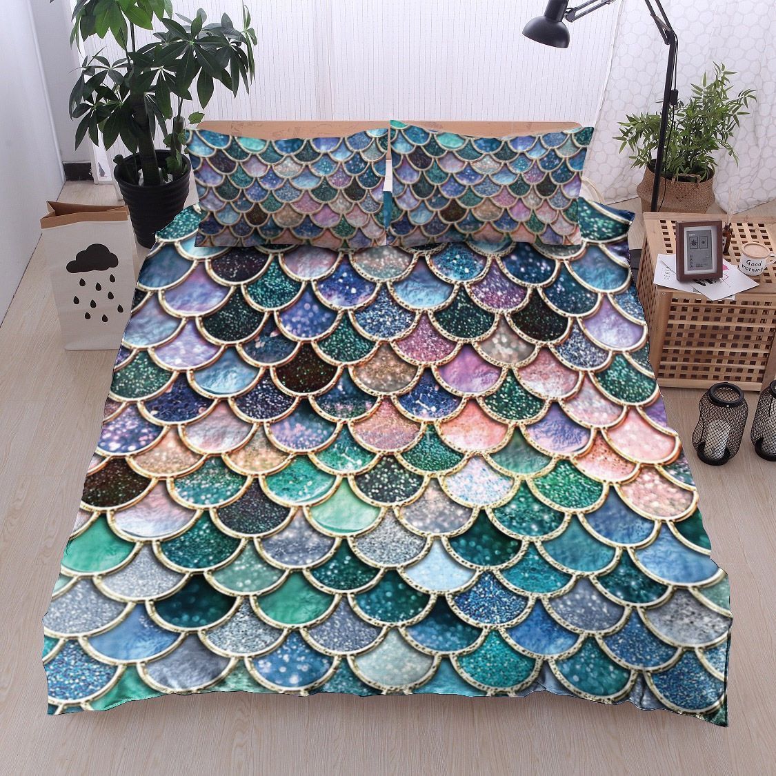Multi Color Pink And Aqua Mermaid Scales Bedding Set