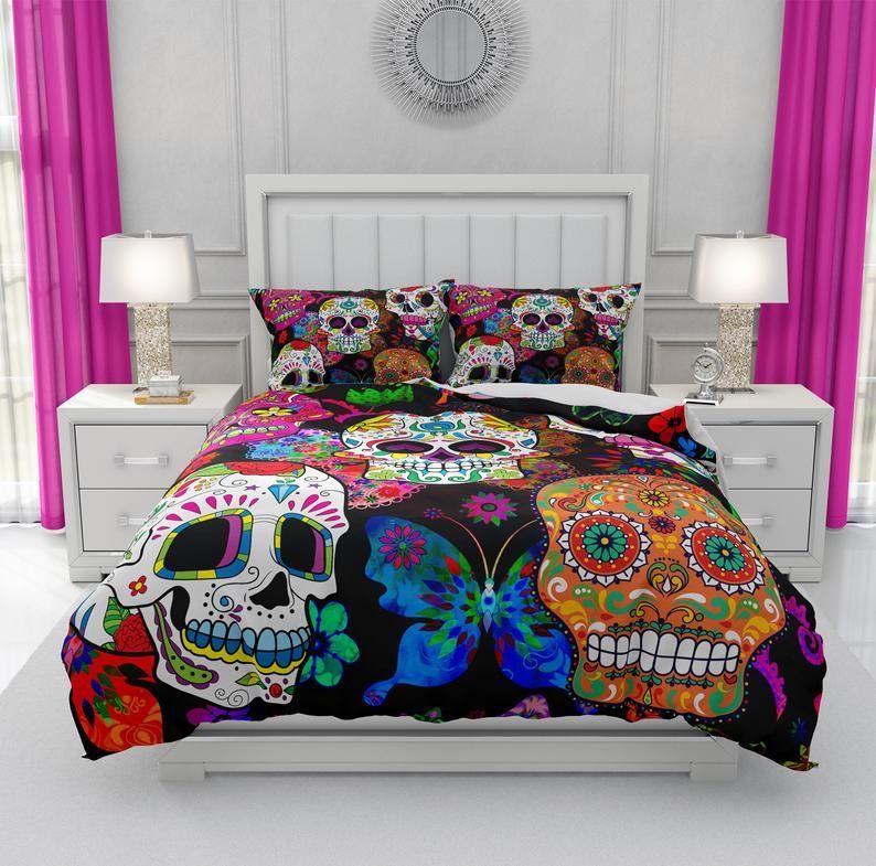 Multi Color Sugar Skull Bedding Set