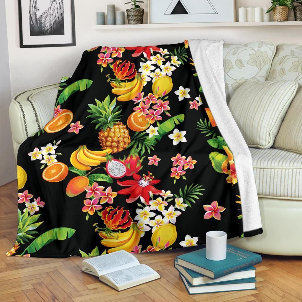 Multi Tropical Fruits Pattern Print Design Black Fleece Blanket