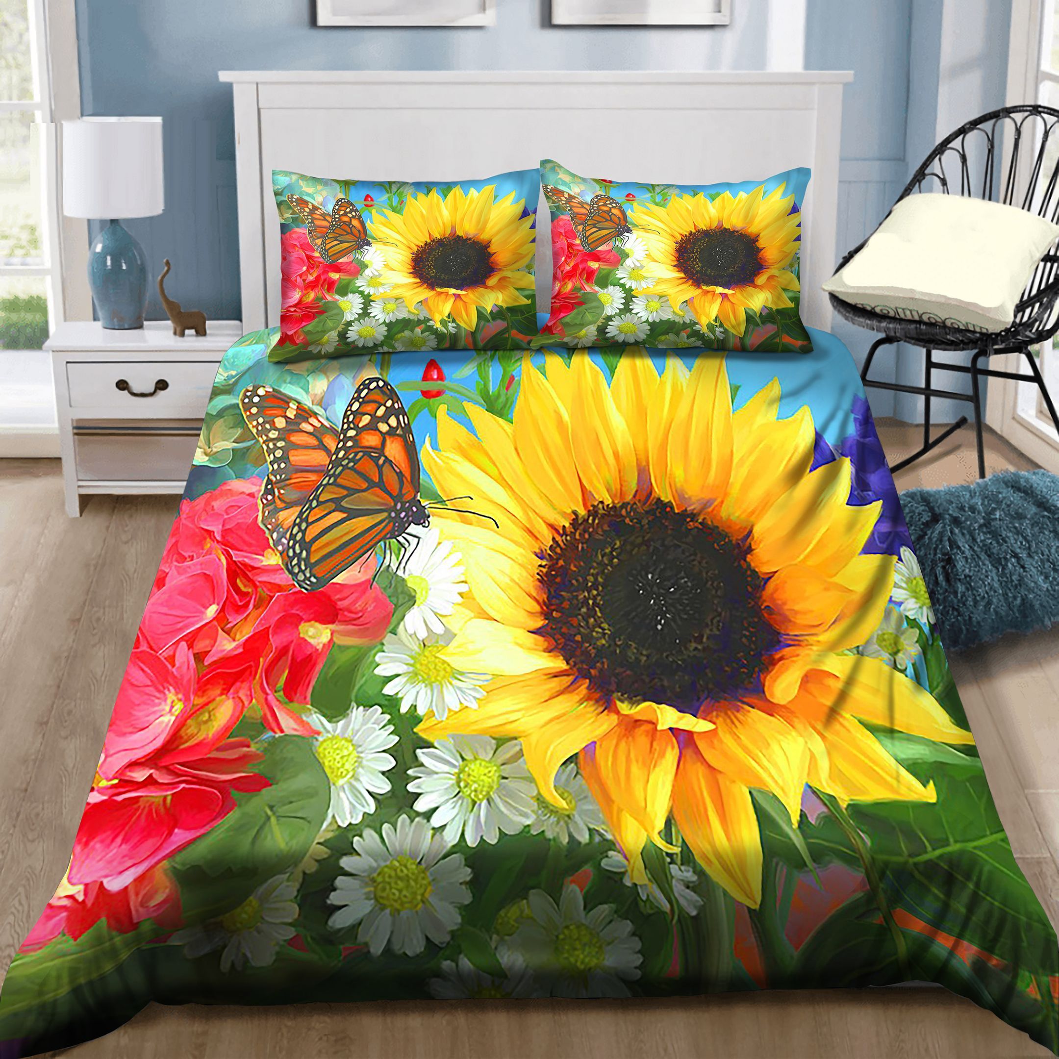 Multicolor With Monarch Sunflower And Butterfly Bedding Set