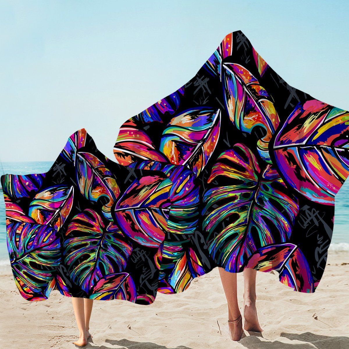 Multicolored Palm Leaves On Black Printed Hooded Towel