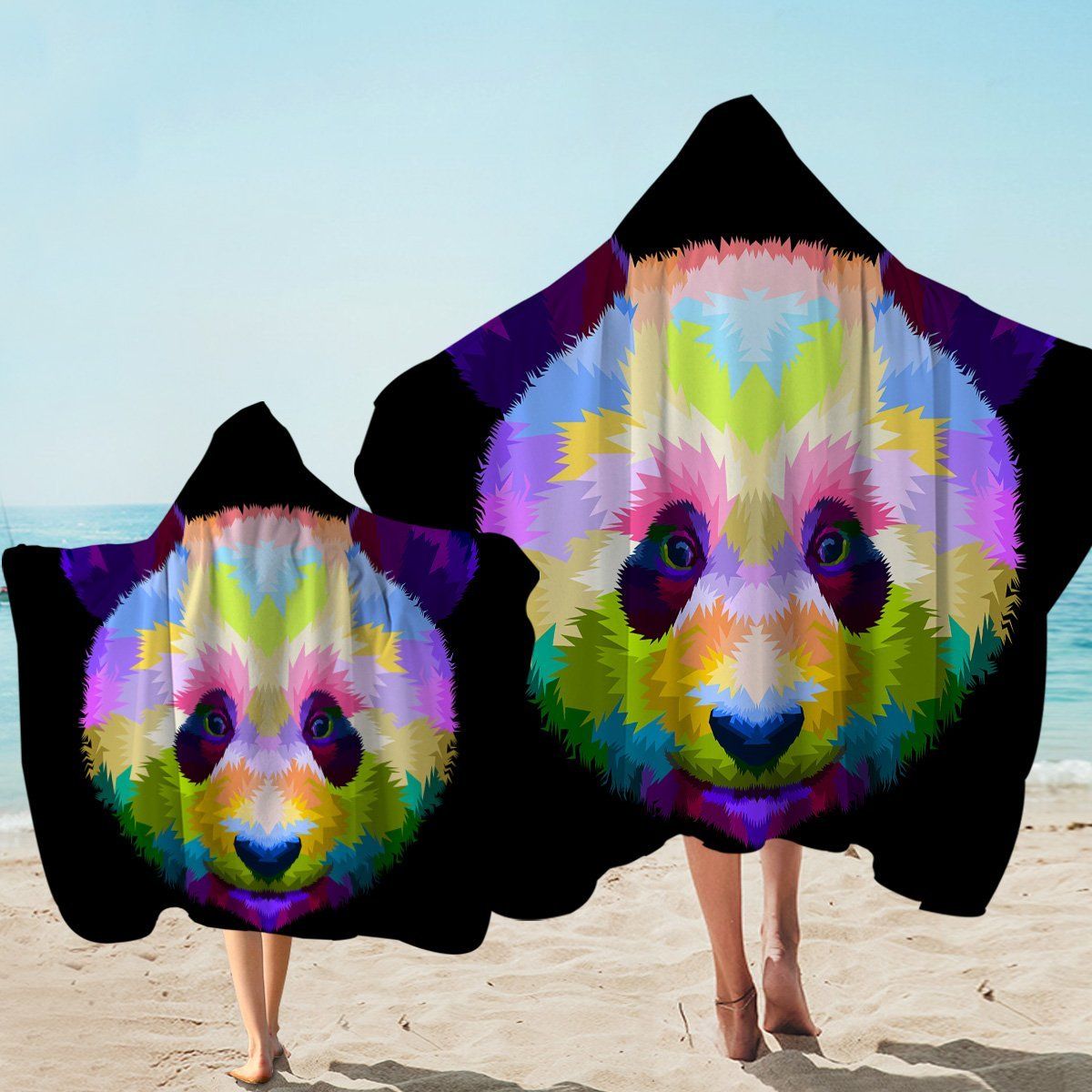 Multicolored Panda Face On Black Printed Hooded Towel