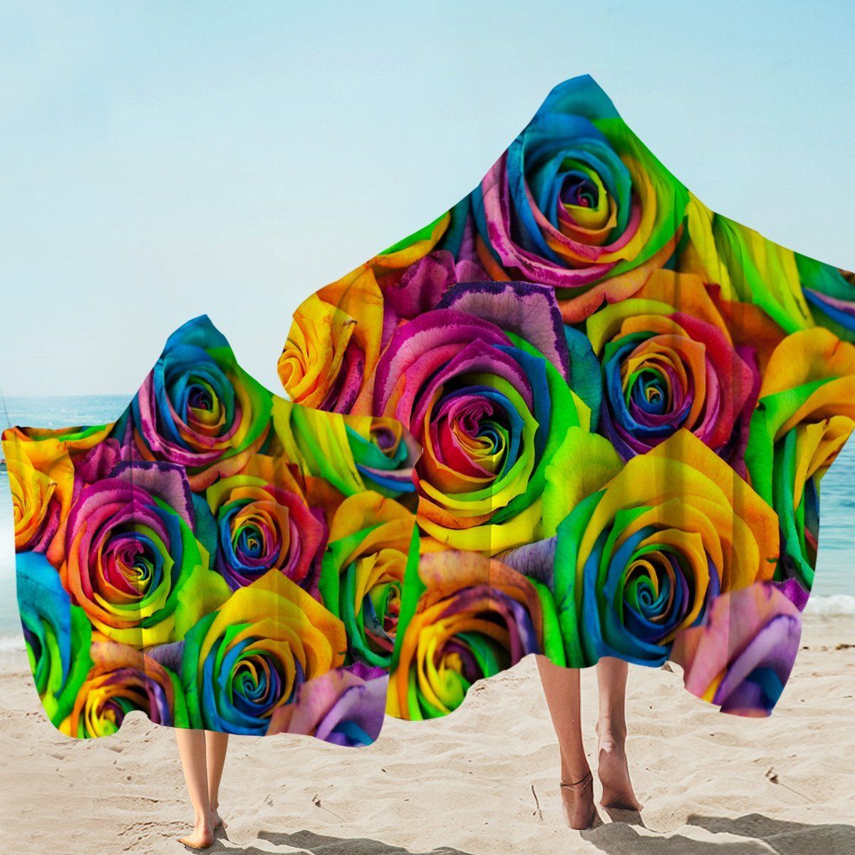 Multicolored Rose Petals Printed Hooded Towel