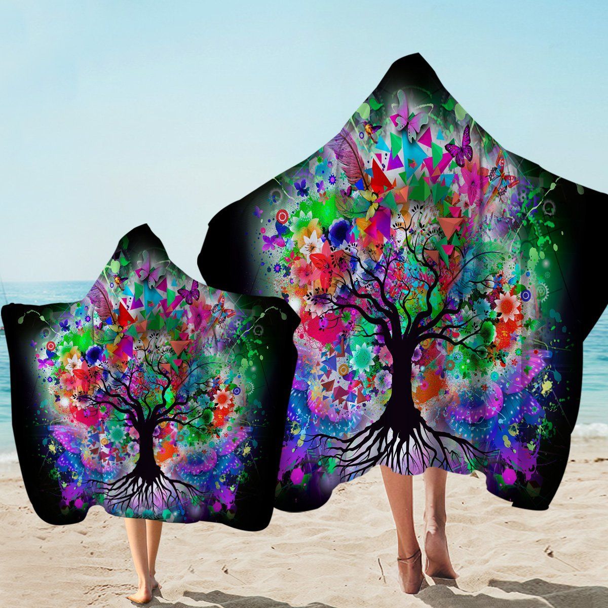 Multicolored Tree Of Life Printed Hooded Towel