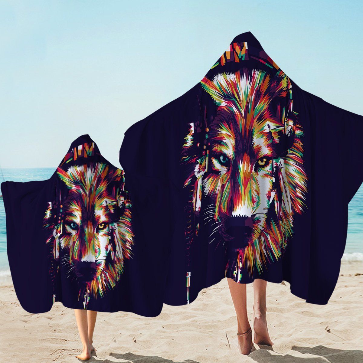Multicolored Tribal Wolf On Navy Printed Hooded Towel