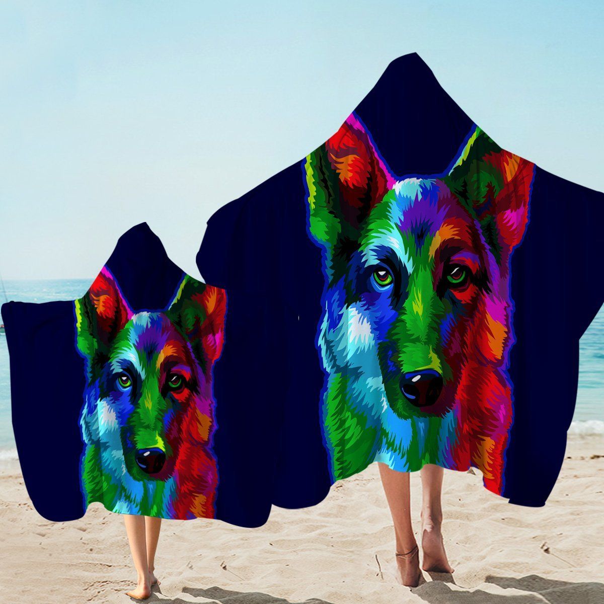 Multicolored Wolf Dark Blue Oil Painting Hooded Towel