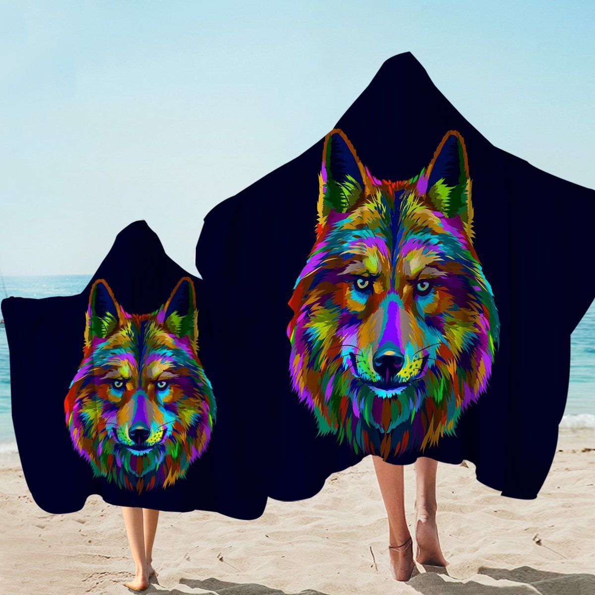Multicolored Wolf Dark Blue Printed Hooded Towel