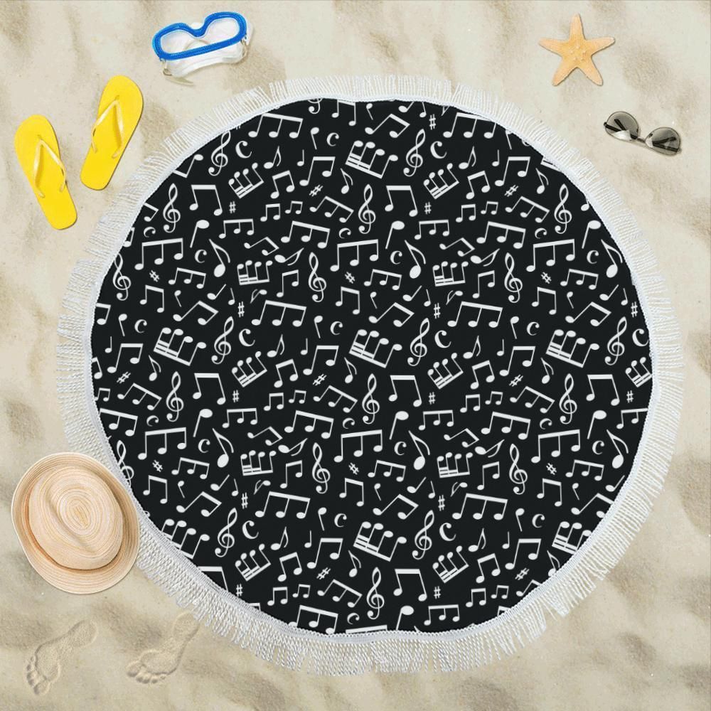 Music Note Black White Themed Printed Round Beach Towel