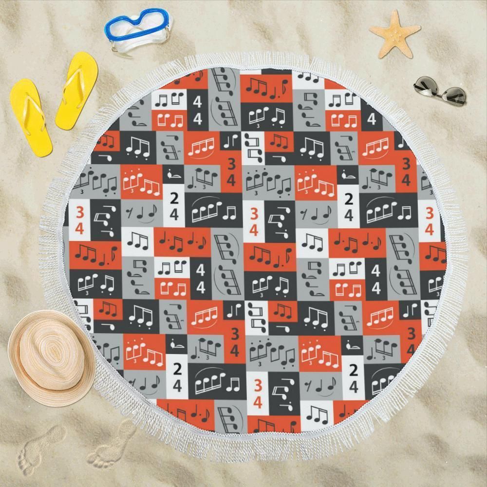 Music Note Design Themed Print Round Beach Towel