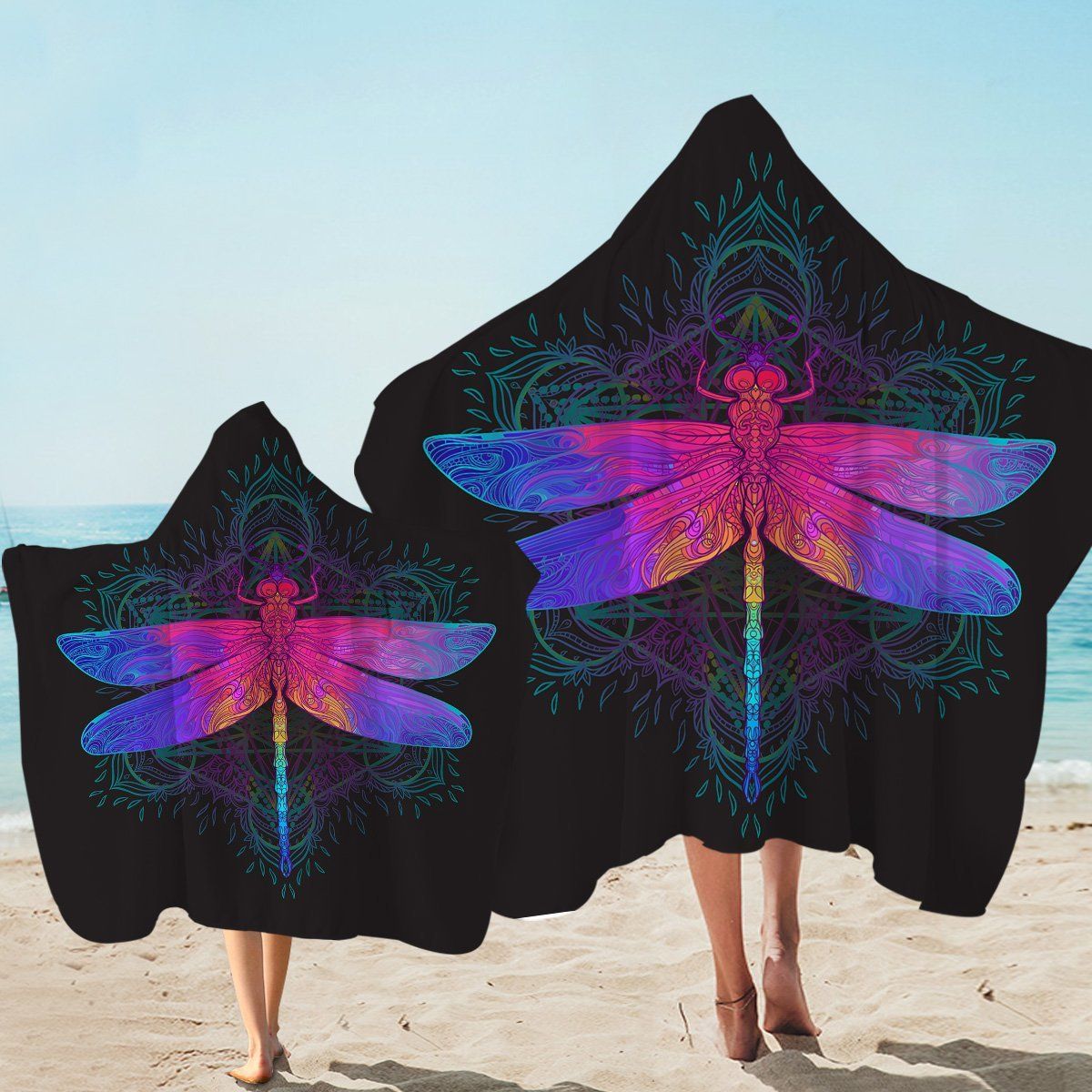 Mutate Dragonfly On Black Printed Hooded Towel