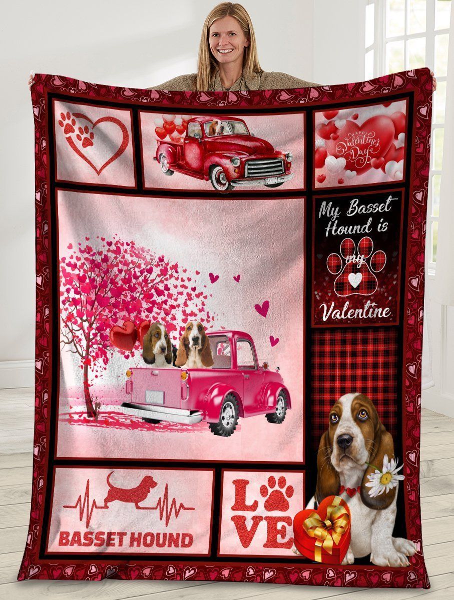 My Basset Hound Is My Valentine Pink Truck Fleece Blanket