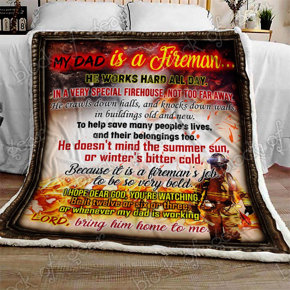 My Dad Is A Fireman Firefighter Sherpa Fleece Blanket
