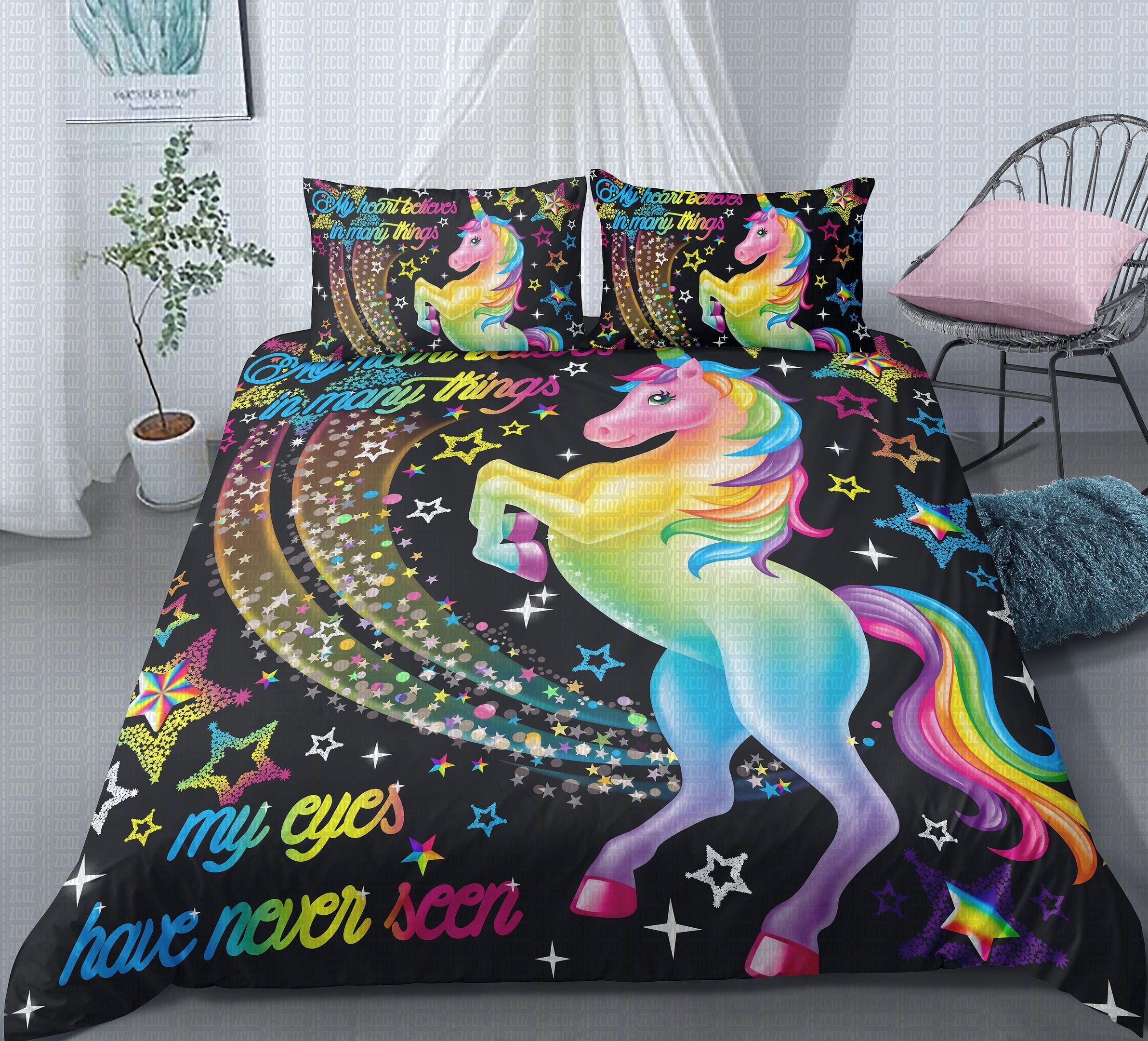 My Heart Believes Blue Unicorn Bedding Set