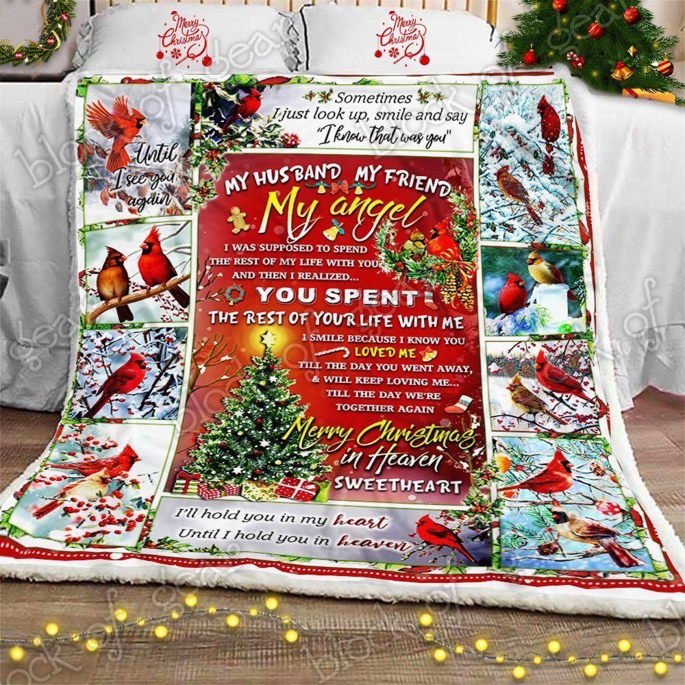 My Husband My Angel Merry Christmas Cardinal Sherpa Fleece Blanket