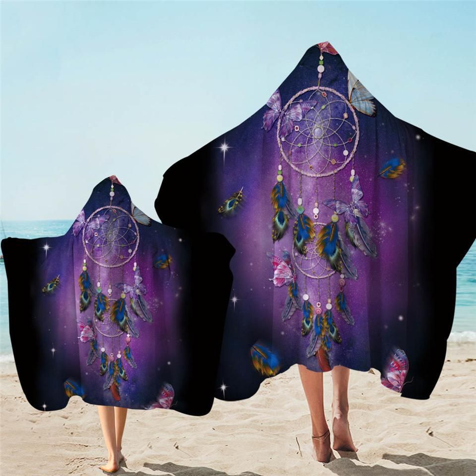 Mysterious Dream Catcher Black And Purple Printed Hooded Towel