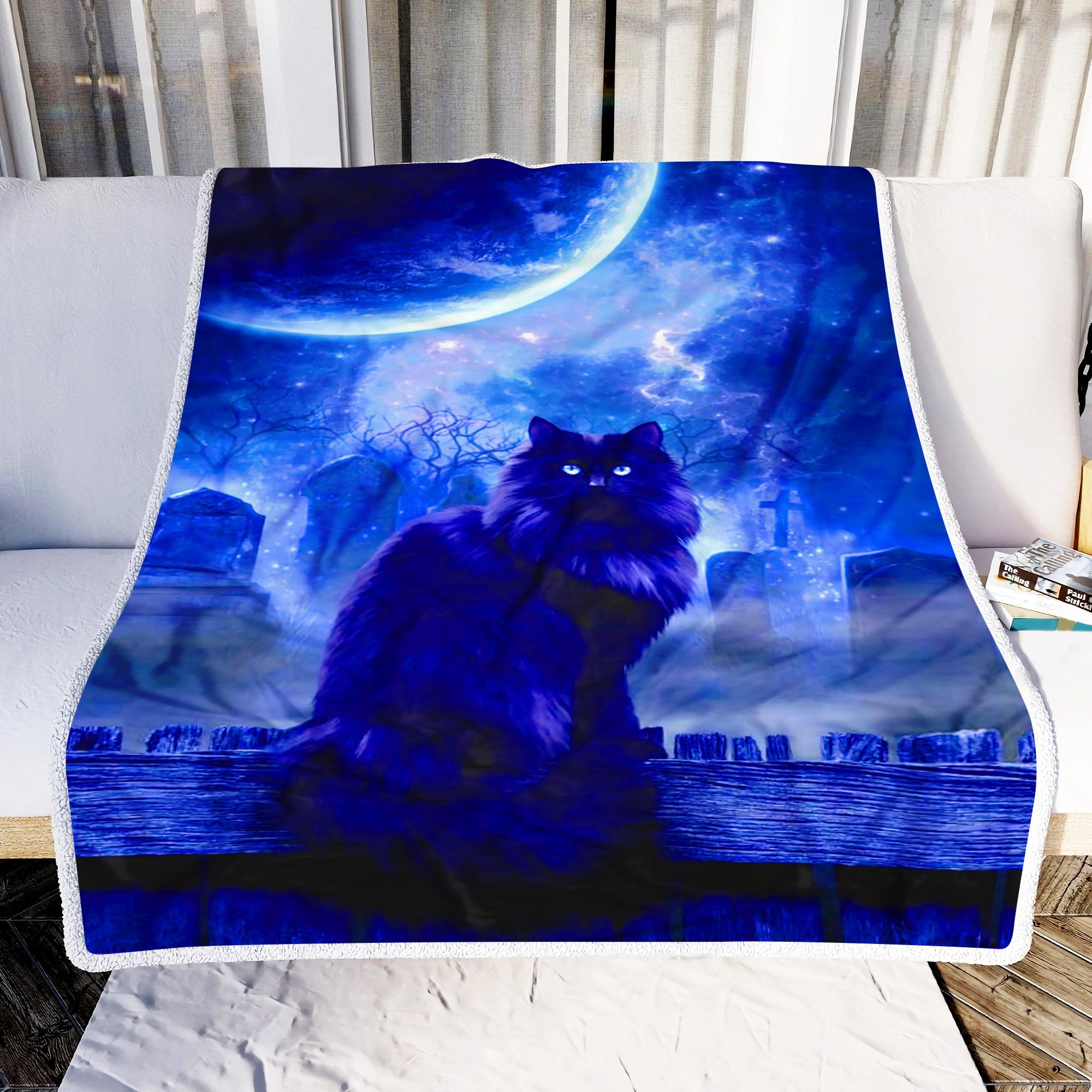 Mystery Cat And Moon Fleece Blanket