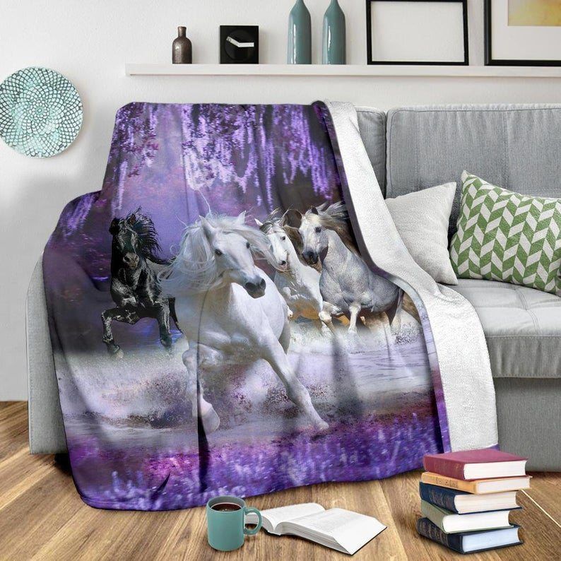 Mystical White And Black Horses Running Sherpa Fleece Blanket