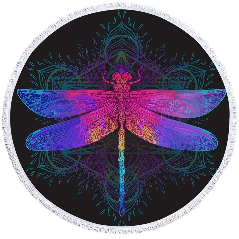 Mystique Dragonfly On Black Printed Round Beach Towel