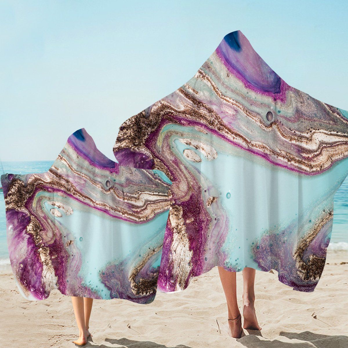 Nacre Style Purple Marble Pattern Printed Hooded Towel