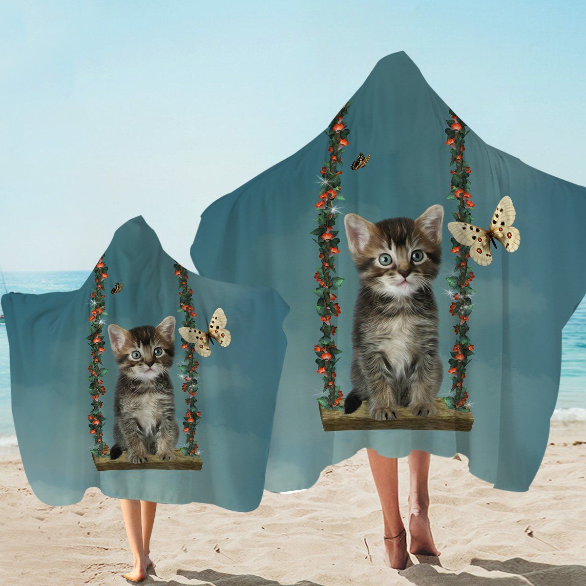 Naive Kitty Sitting On Swing Printed Hooded Towel
