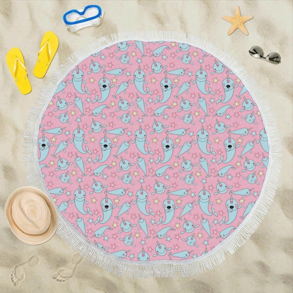 Narwhal Cartoon Cute Printed Round Beach Towel