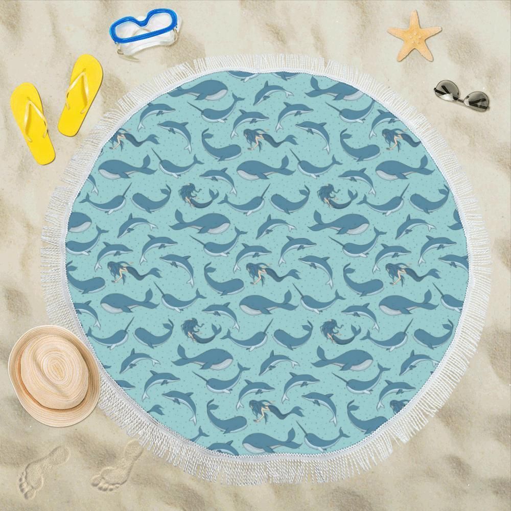 Narwhal Themed Print Round Beach Towel