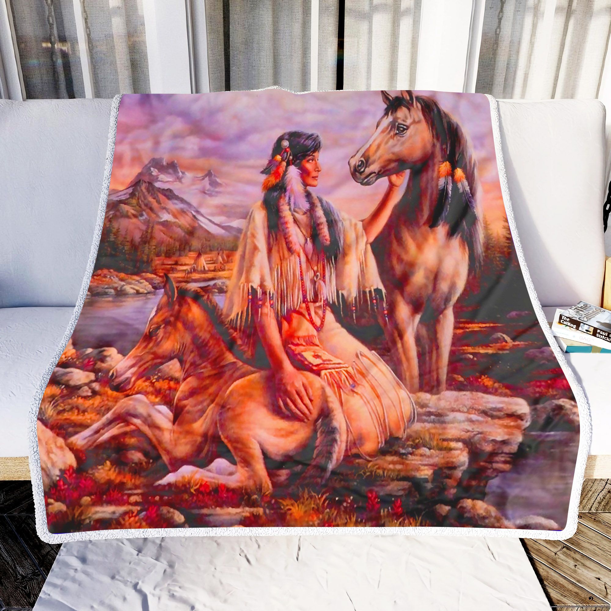 Native America Girl And Her Horse Fleece Blanket