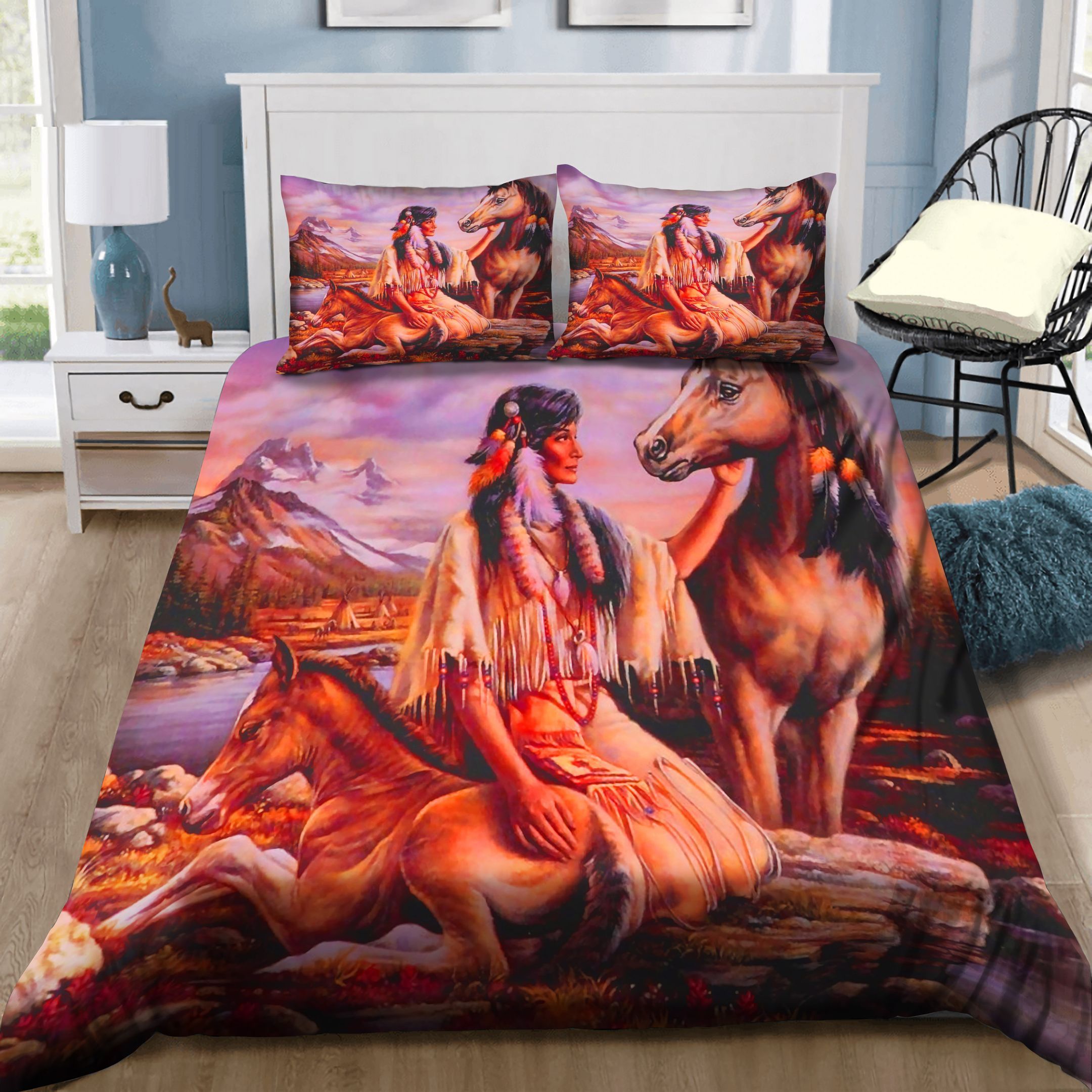 Native America Girl And Her Horse Bedding Set