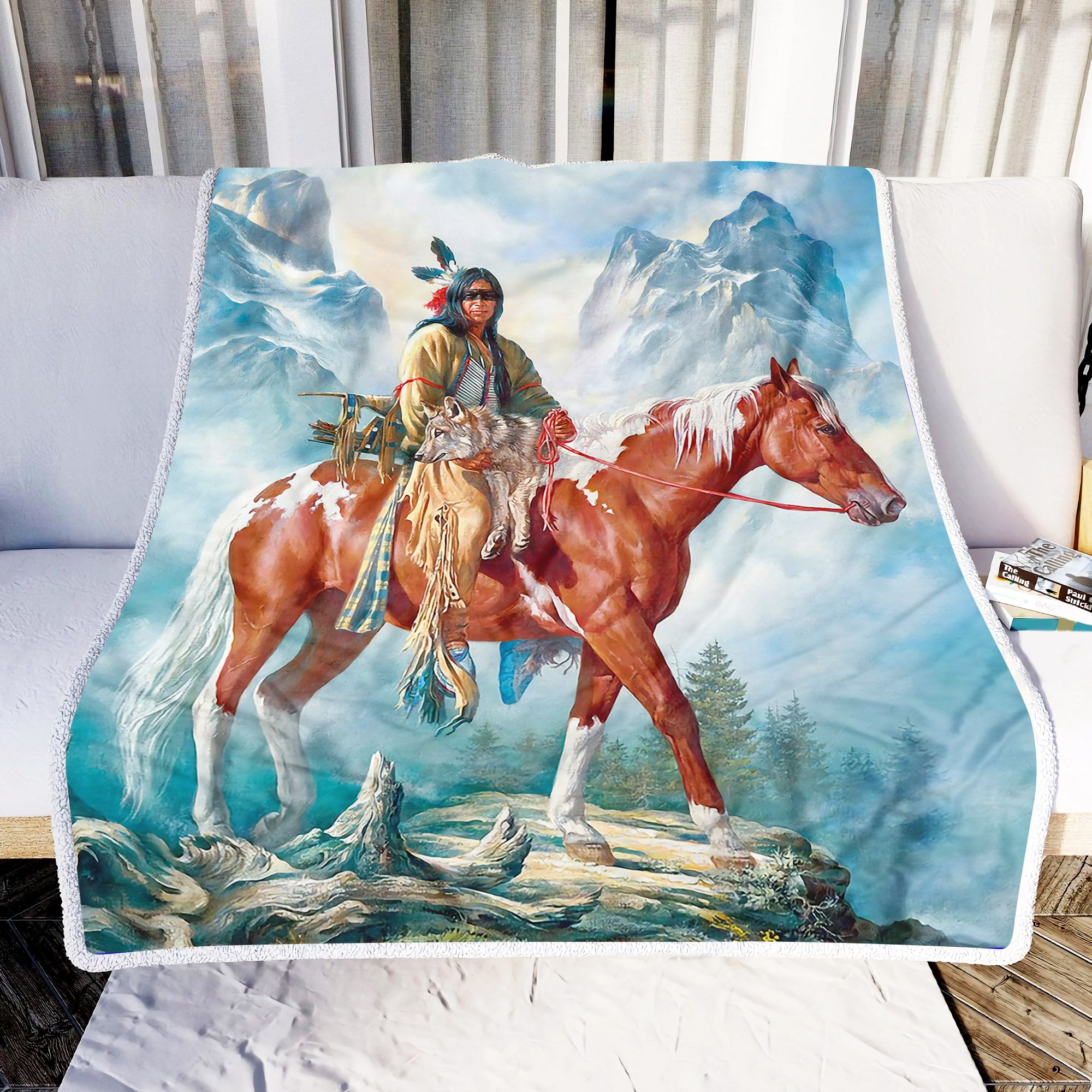 Native America Man And Horse Fleece Blanket