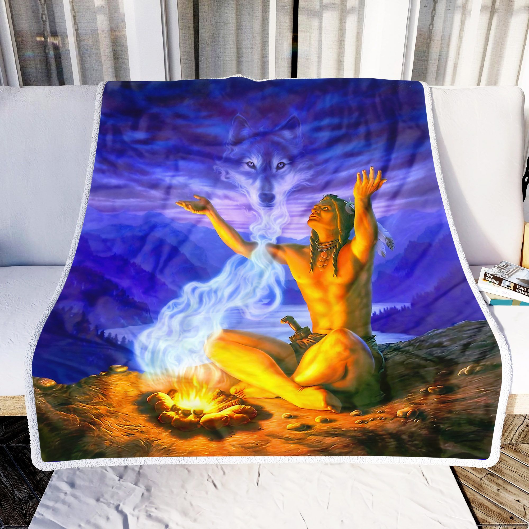 Native America Spirit Wolf Fleece Blanket