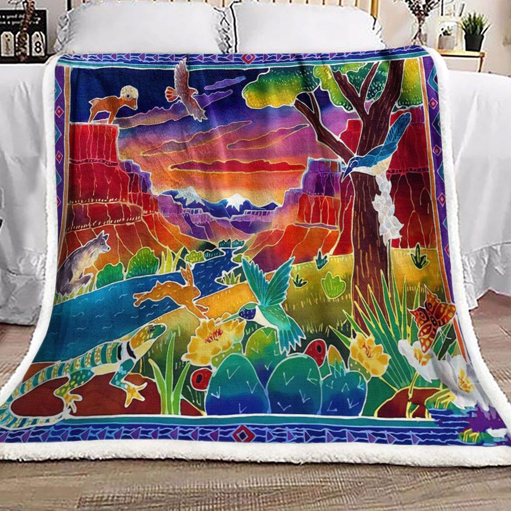 Native American Animal Hummingbird Eagle Wolf Rabbit Butterfly Flower Sherpa Fleece Blanket
