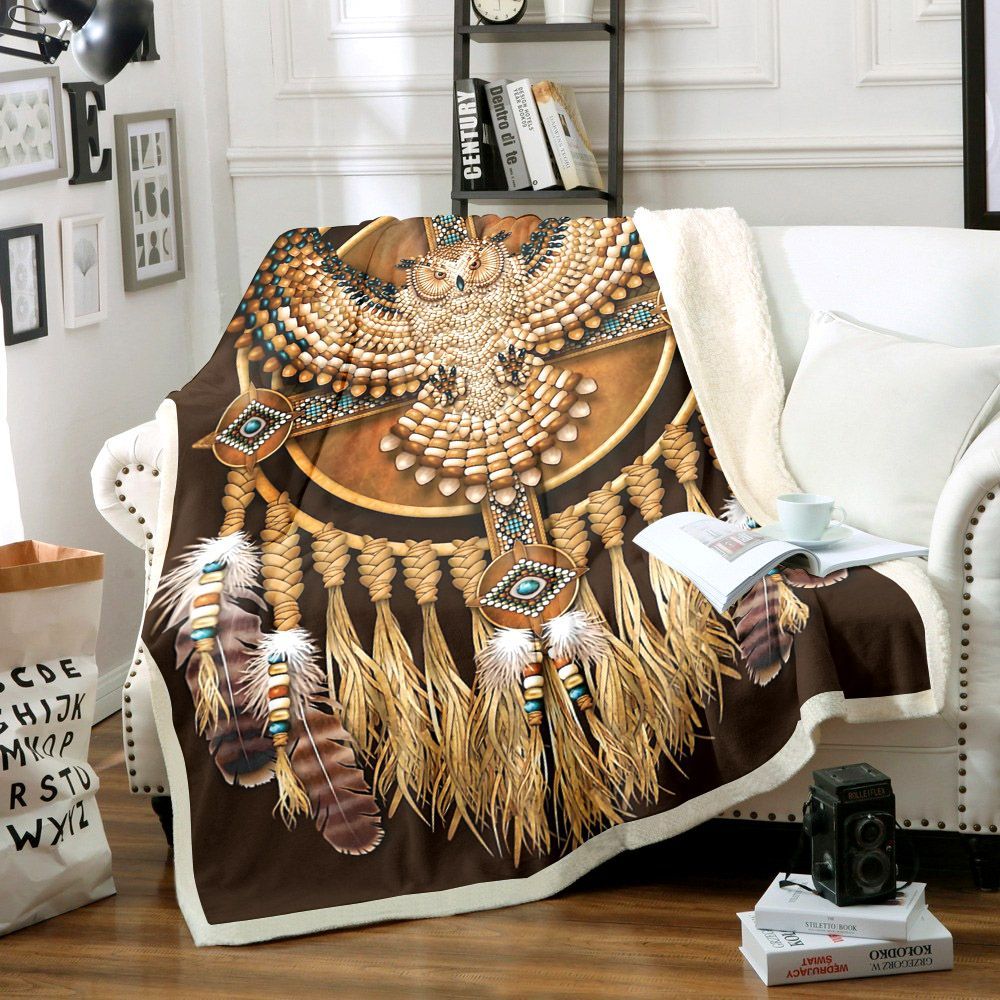 Native American Beadwork Owl Mandala Sherpa Fleece Blanket