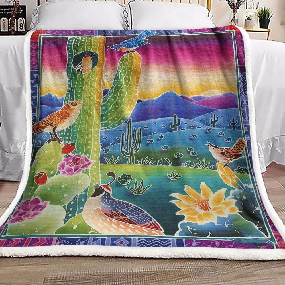 Native American Bird Cactus Sherpa Fleece Blanket