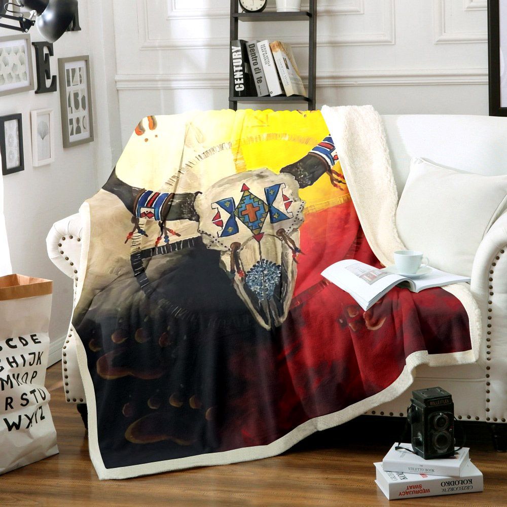 Native American Bison Skull Sherpa Fleece Blanket