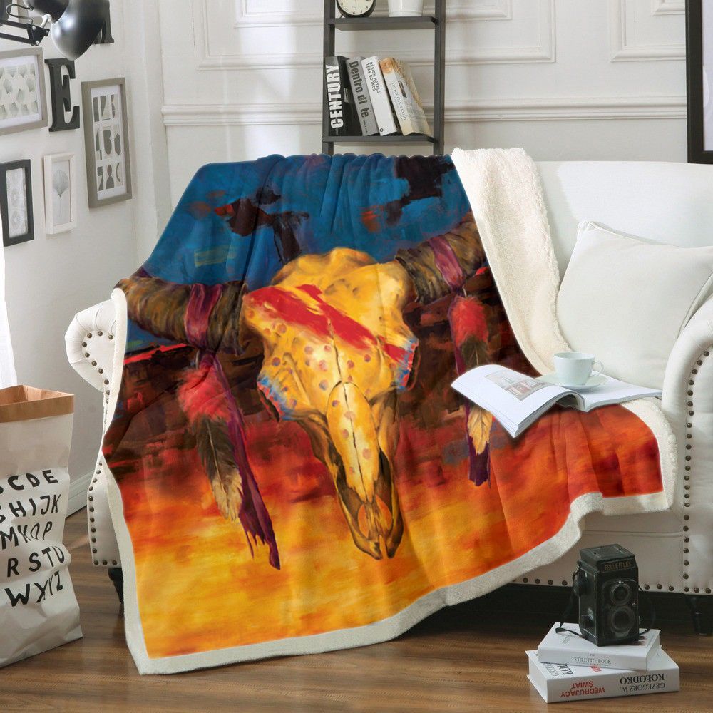 Native American Bison Skull Sherpa Fleece Blanket