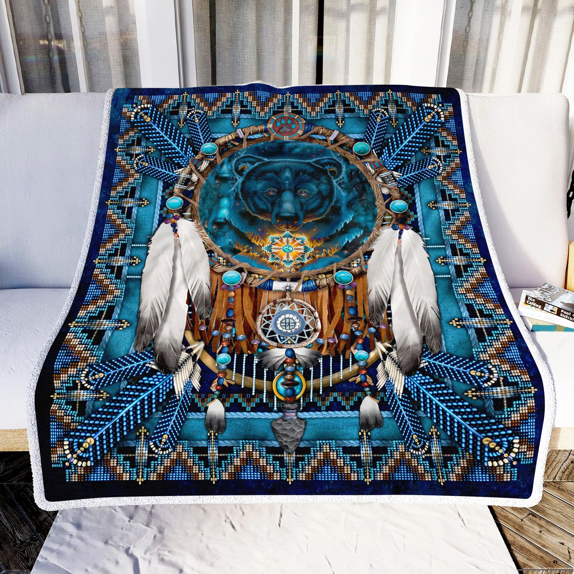 Native American Blue Bear Fleece Blanket